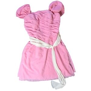 Pink Ruched Puff Sleeve Dress with Cream Sash Belt